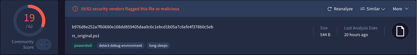 Reverse shell 0/62 detection by VirusTotal